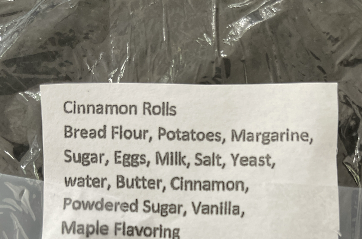 A cell
phone picture showing the list of ingredients from the cinnamon roll.